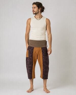 Men’s Boho Patchwork Harem Pants Cropped Spiral Print Festival Hippie One Size